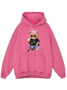 Женская потертая хлопковая толстовка с принтом «Маленький медвежонок», винтажная повседневная уличная толстовка большого размера, простая теплая толстовка