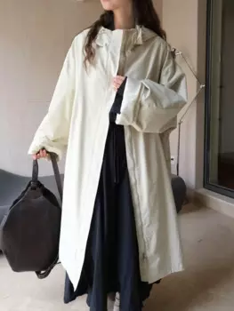 Женская Повседневная однотонная свободная Длинная ветровка с капюшоном на осень и зиму