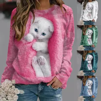 Женская повседневная толстовка с круглым вырезом и длинными рукавами с принтом кота, свободный женский пуловер, топы Sudadera Y2k, толстовка большого размера