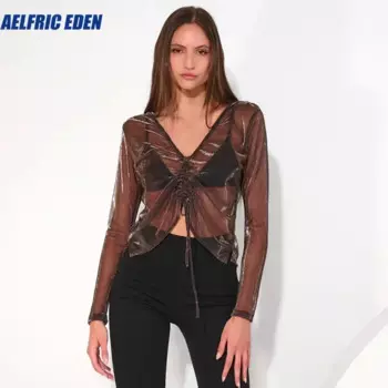 Женская Прозрачная Футболка с длинным рукавом, глубоким V-образным вырезом