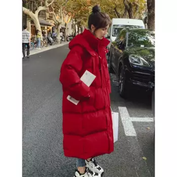 Женская пуховая куртка средней длины, красная Свободная куртка из хлопка, Корейская версия, зима 2024