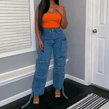 Женская рабочая одежда, стильные брюки, осень-зима 2024, новейшие джинсовые трендовые джинсы с несколькими карманами больших размеров, рабочие длинные брюки с высокой талией
