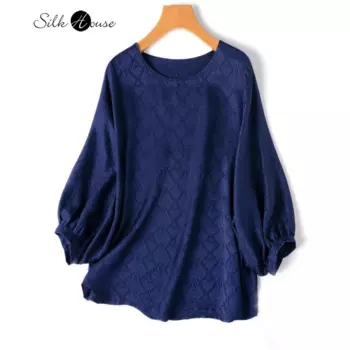 Женская Роскошная универсальная свободная футболка HuaLuo из 100% натурального шелка тутового шелкопряда с глубоким сапфиром, жаккардовая атласная футболка с круглым вырезом и рукавами-фонариками