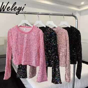 Женская розовая футболка с блестками, Новинка осени 2024, Женская свободная футболка в Корейском стиле, укороченная футболка с длинным рукавом