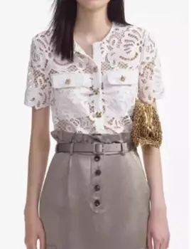 Женская рубашка, Новинка весна-лето 2024, кружевная ажурная вязаная однобортная милая блузка с круглым вырезом и коротким рукавом