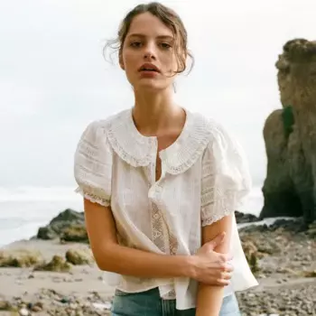 Женская рубашка Новинка весна-лето 2024 кружевной кукольный воротник с деревянными ушками милая блузка с коротким рукавом