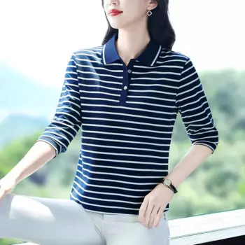 Женская рубашка-поло в полоску, с длинным рукавом