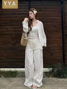 Женская рубашка с длинным рукавом, брюки с высокой талией и широкими штанинами