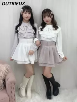 Женская рубашка с длинным рукавом и большим бантом, белая блузка с оборками и воротником-стойкой