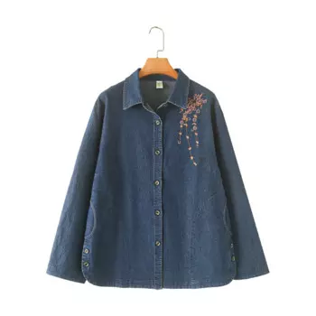 Женская рубашка с длинным рукавом, свободная джинсовая рубашка с цветочной вышивкой, XXL, весна-осень 8931