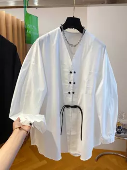 Женская рубашка с V-образным вырезом, с длинным рукавом