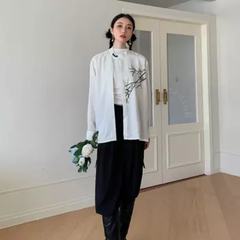 Женская рубашка в китайском стиле, сатиновая белая блузка с длинным рукавом, весна 2023