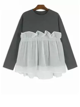 Женская серая Сетчатая футболка с длинным рукавом и круглым вырезом