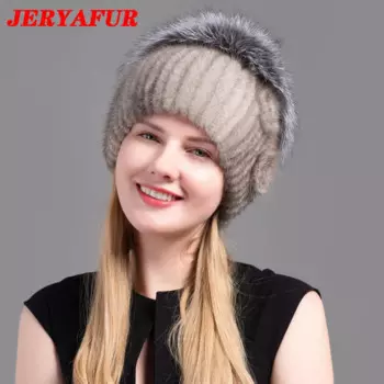 Женская шапка JERYAFUR, модная зимняя шапка с помпоном из меха норки, женская теплая плотная Стильная шапка из натурального меха для девочек, Элегантные вязаные шапки из лисы