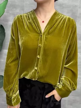 Женская шелковая рубашка, однотонная черная блузка из шелка тутового шелкопряда с V-образным вырезом и длинным рукавом, на пуговицах, Офисная Дамская рубашка, модель FF041, 100%