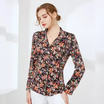 Женская шелковая рубашка с принтом, свободная вязаная рубашка из шелка тутового шелкопряда с длинными рукавами, футболка большого размера с длинным рукавом
