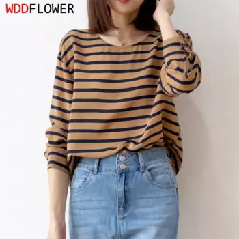 Женская шелковая рубашка в полоску, с длинным рукавом