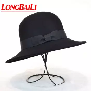 Женская шерстяная фетровая шляпа LongBaiLi, черная фетровая шляпа с широкими полями, бесплатная доставка, PWSX035 Cheapeau