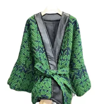 Женская шерстяная куртка с V-образным вырезом и поясом