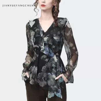 Женская шифоновая блузка с длинным рукавом и поясом