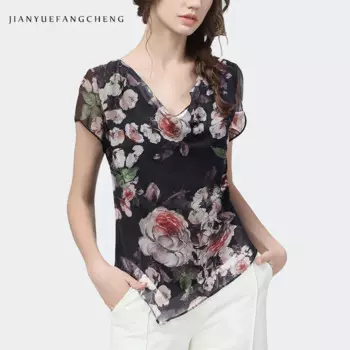 Женская шифоновая блузка с коротким рукавом и V-образным вырезом