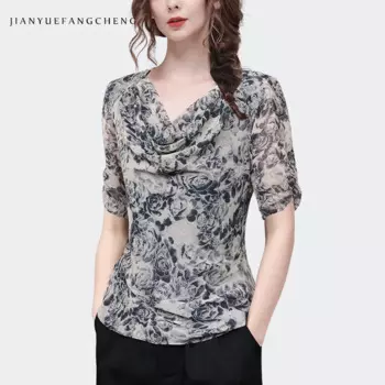 Женская шифоновая блузка с коротким рукавом и V-образным вырезом