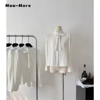 Женская шифоновая блузка во французском стиле, элегантная однотонная Роскошная офисная рубашка с длинным рукавом и бантом, весна 2024