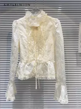 Женская шифоновая рубашка на бретельках, однотонная офисная рубашка с длинным рукавом и кружевным принтом, осенняя милая блузка во французском стиле