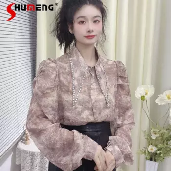 Женская шифоновая рубашка с длинным рукавом и цветочным принтом