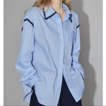 Женская синяя рубашка с вышивкой