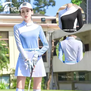 Женская Солнцезащитная футболка для гольфа TTYGJ, Женская Лоскутная рубашка на молнии с воротником, быстросохнущая эластичная Повседневная Спортивная футболка с длинным рукавом