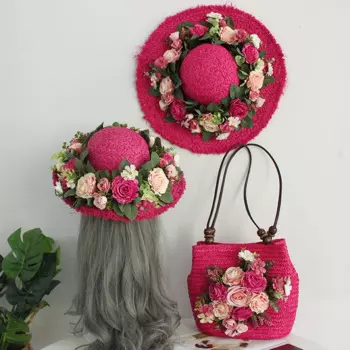 Женская Соломенная Сумка, розово-красного цвета, из ротанга, с разноцветными цветами, украшенная стразами, в богемном стиле, летняя пляжная сумка, шляпа, костюм, фотография