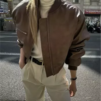 Женская Стеганая куртка-бомбер из ПУ кожи, с V-образным вырезом