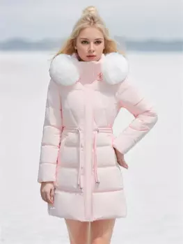 Женская Стеганая куртка средней длины, новинка 2024, Стильная однотонная куртка с капюшоном и большим меховым воротником, утепленная куртка с поясом
