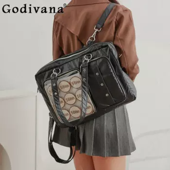 Женская сумка для ноутбука объемом JK, однотонная вместительная школьная сумка на плечо, ранец черного цвета