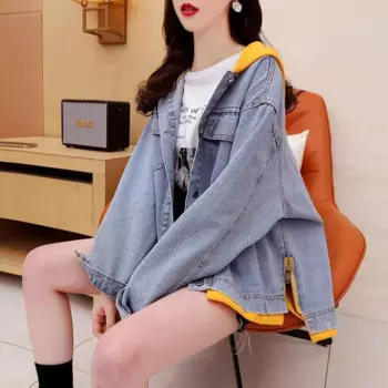 Женская свободная джинсовая куртка из двух частей, новинка 2022, весна-осень, в иностранном стиле, сетчатый Красный Универсальный Ленивый ветрозащитный топ с капюшоном, Женское пальто