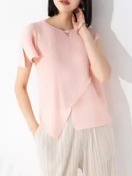 Женская свободная футболка с круглым вырезом, однотонная плиссированная Асимметричная футболка миаке, с коротким рукавом, лето 2023