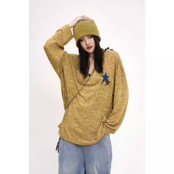 Женская свободная футболка с V-образным вырезом и длинными рукавами