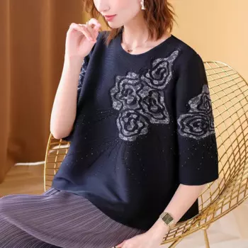 Женская свободная футболка с вышивкой, плиссированная модная футболка с рукавом до локтя, осень 2020