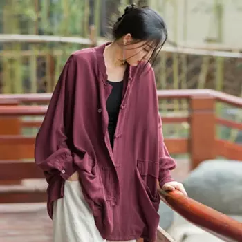 Женская свободная рубашка, повседневные льняные Топы в стиле ретро, винтажная блузка, верхняя одежда, Женская куртка, лето-осень 2024