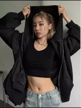 Женская свободная уличная одежда Y2k, черная однотонная флисовая толстовка на молнии с длинным рукавом, толстовка большого размера с капюшоном на молнии