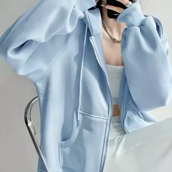 Женская толстовка с капюшоном EBAIHUI в стиле ретро, однотонная дизайнерская женская кофта на молнии с карманами, повседневная куртка большого размера для осени и зимы