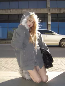 Женская толстовка с капюшоном на молнии, с отделкой из искусственного меха и карманами, с флисовой подкладкой и блестками, куртка с инкрустацией, теплая толстовка большого размера, серого цвета, y2k