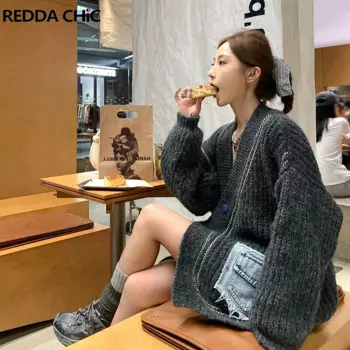 Женская трикотажная джинсовая куртка ReddaChic, Серый кардиган оверсайз с V-образным вырезом и пуговицами в стиле ретро, зимняя одежда