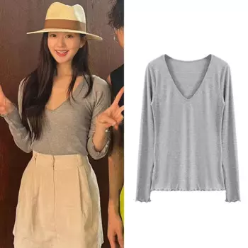 Женская трикотажная футболка с длинным рукавом, V-образным вырезом