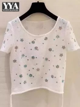 Женская трикотажная футболка с круглым вырезом, с коротким рукавом