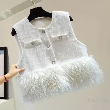 Женская твидовая куртка без рукавов, однотонная яркая шелковая короткая куртка с тяжелым мехом и пряжкой, осеннее пальто