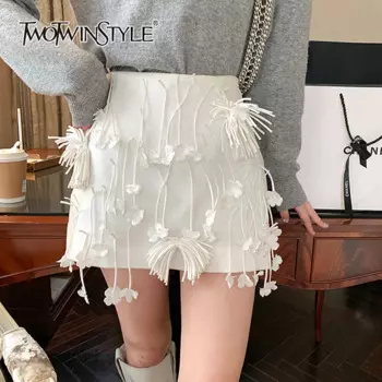 Женская юбка с кисточками TWOTWINSTYLE, однотонная дизайнерская трапециевидная юбка составного кроя с высокой талией и аппликацией,