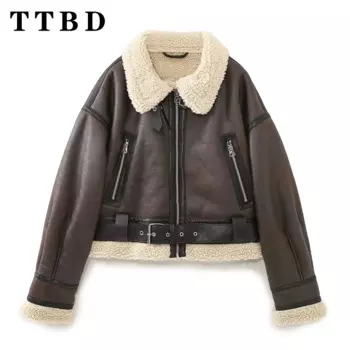 Женская уличная куртка из искусственной овечьей кожи, с поясом