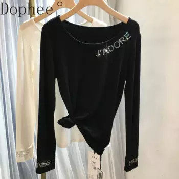 Женская Универсальная футболка с длинным рукавом, осенне-зимний пуловер с круглым вырезом и надписью со стразами, базовая футболка большого размера